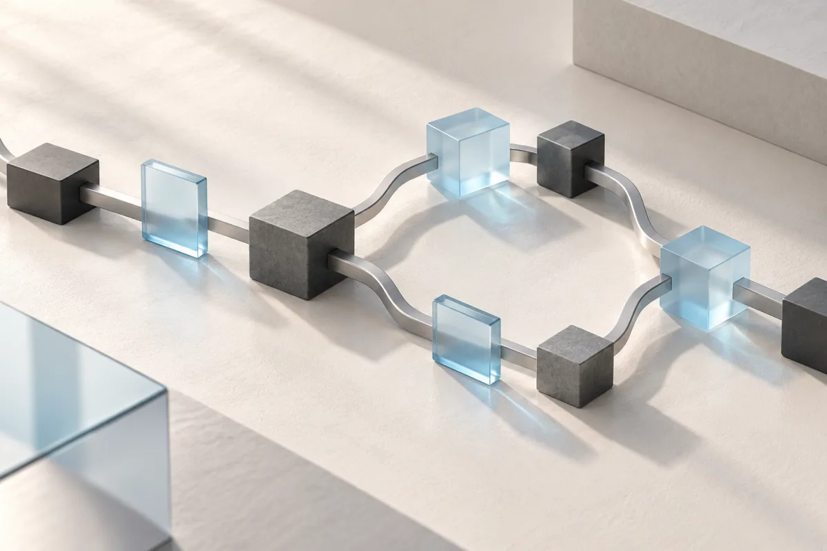 Conceptual illustration of connected graphite and blue workflow modules