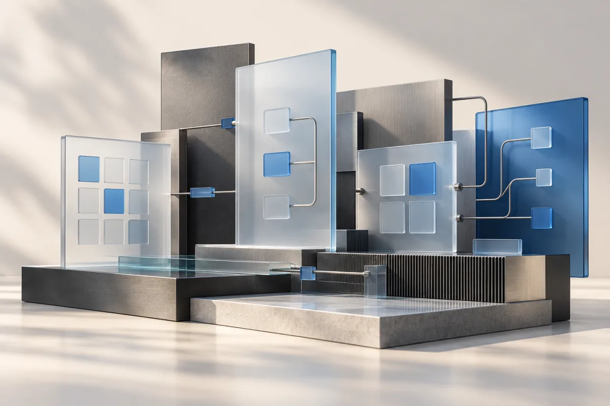 Conceptual illustration of connected software modules in graphite and blue glass
